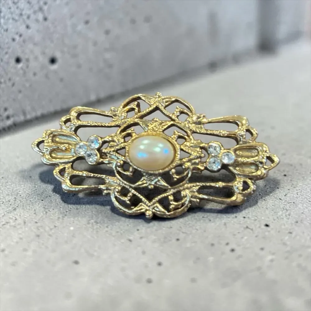 Vintage Pearl Rhinestone Filigree Brooch Gilded Romantic Edwardian Revival
